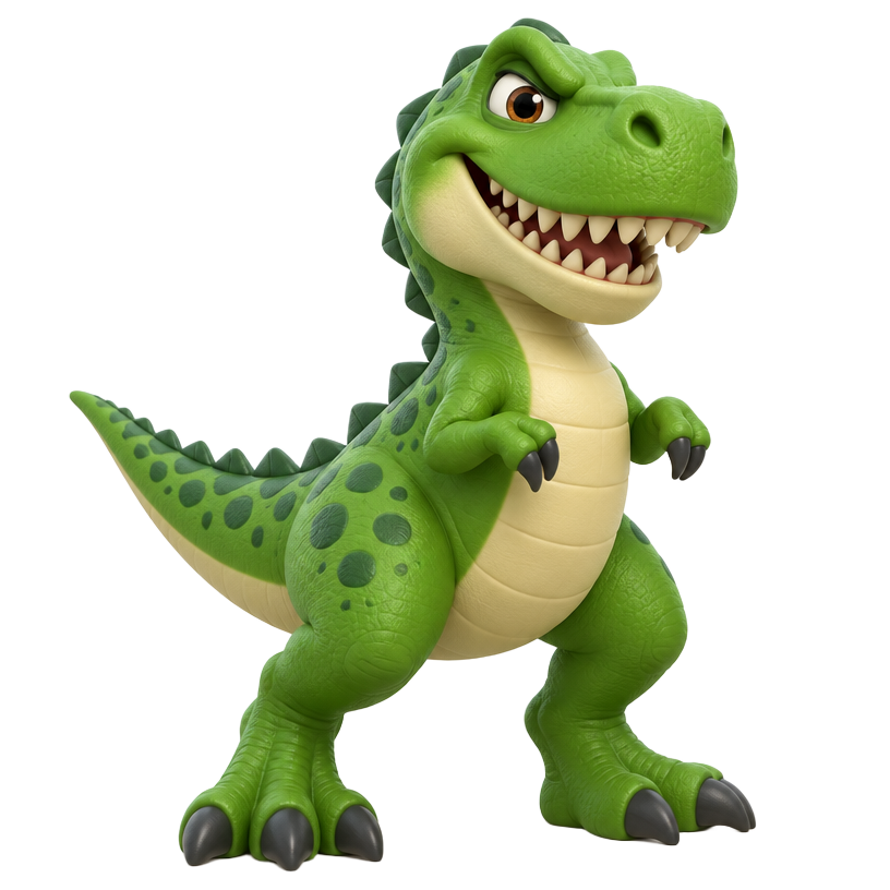 Cartoon version of a green toy dinosaur named Rex