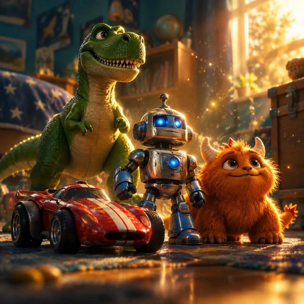 Toy dinosaur, race car, robot and fuzzy creature photographed together