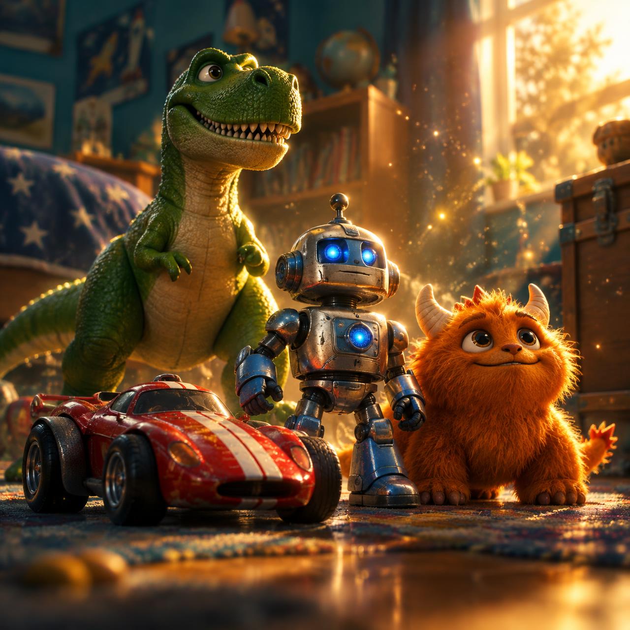 A toy dinosaur, race car, robot and fuzzy creature together