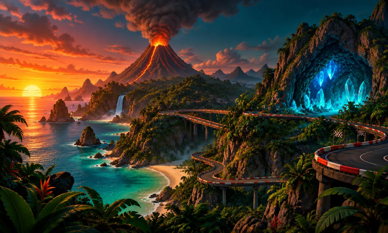 Illustrated Monster Island with a volcano and jungle